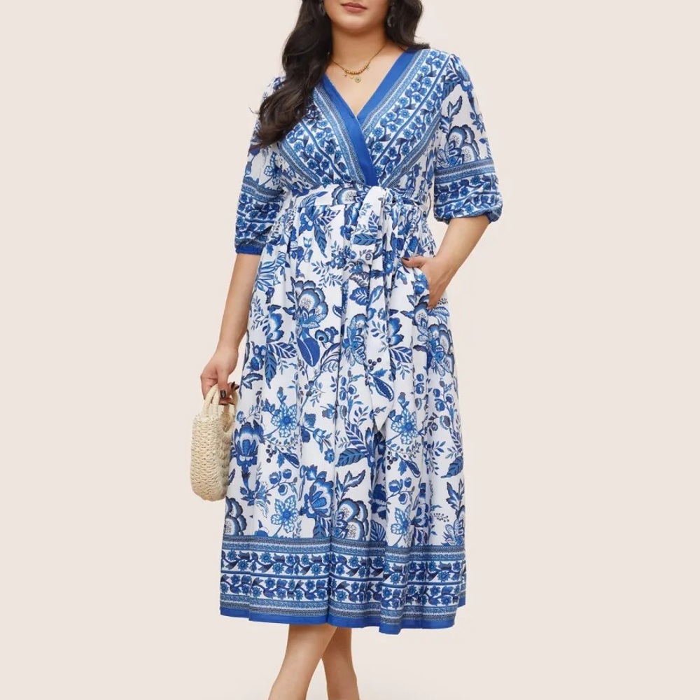 Bandana Print Surplice Neck Lantern Sleeve Pocket Belted Midi Dress - NWT
